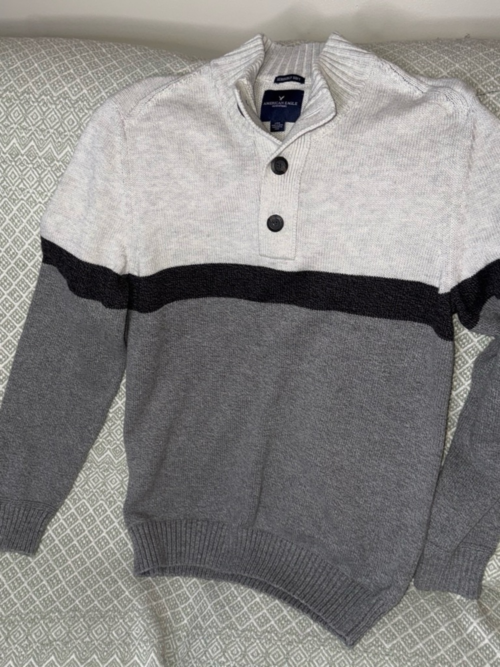 American Eagle Outfitters Gray, Black & White Crewneck Shawl Button Sweater